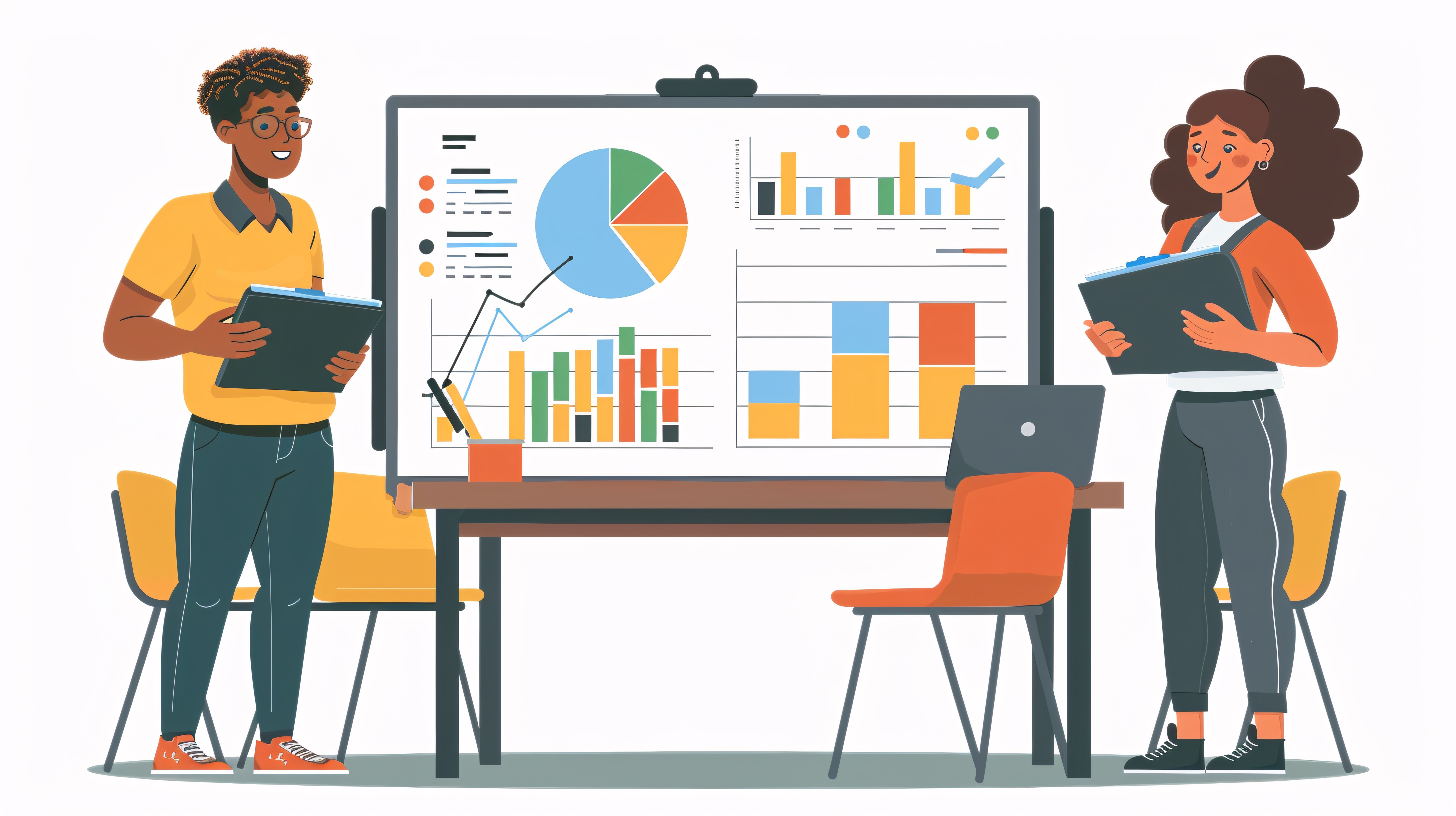 Two students presenting data analysis on charts in a classroom