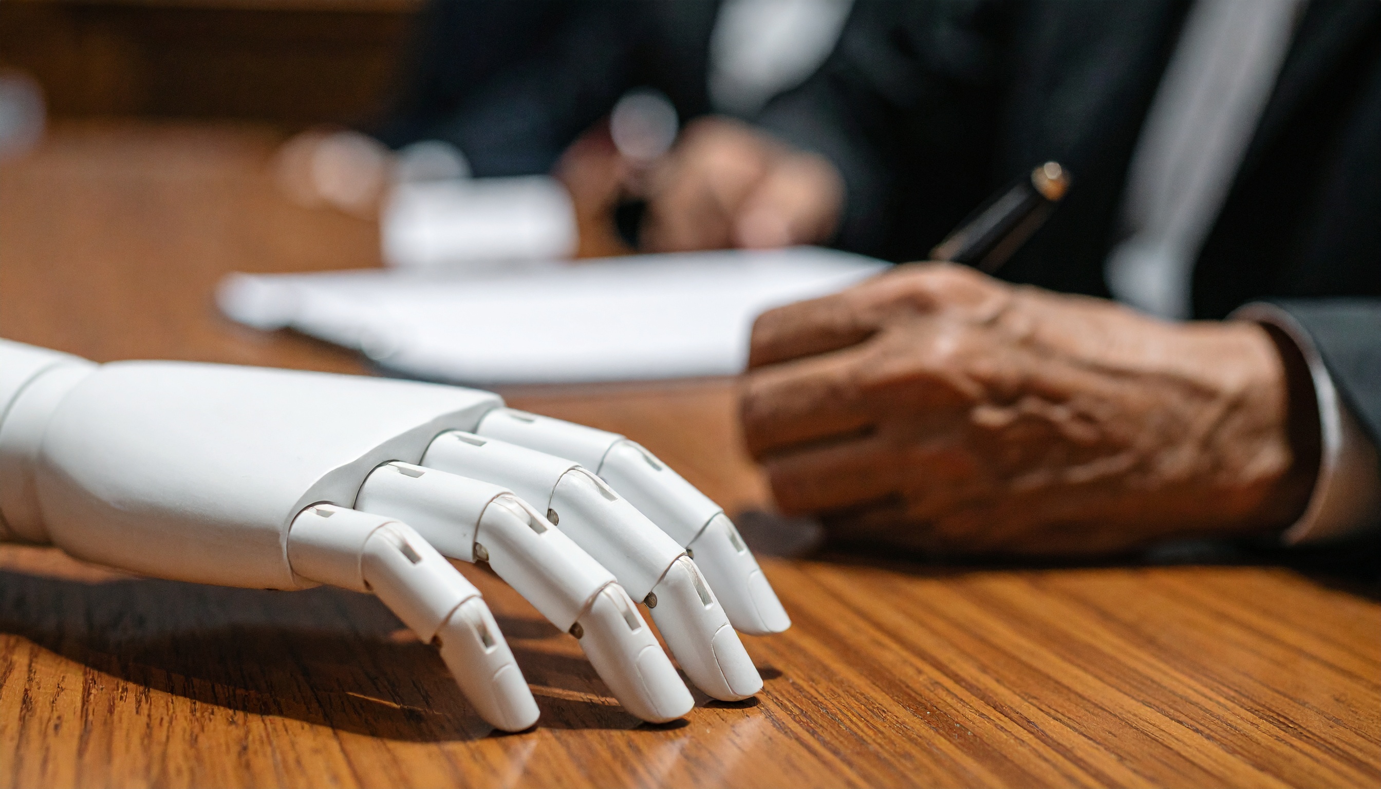 Close-up of a human hand writing on paper beside a robotic hand resting on a wooden desk. The image evokes collaboration between human and artificial intelligence in the act of co-writing, highlighting the need for epistemic vigilance—critical awareness and responsibility in AI-assisted authorship.