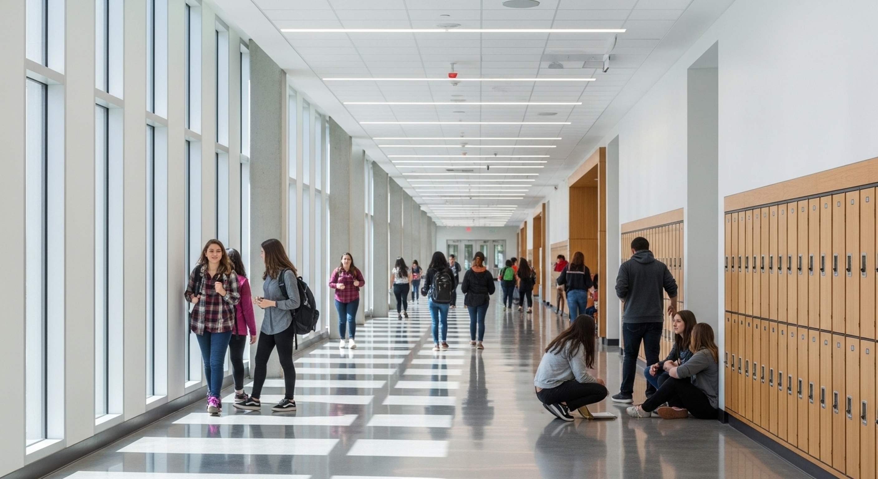 Students in a university hallway, illustrating plurilingual academics, multilingual higher education, and academic life in an English-dominated world.
